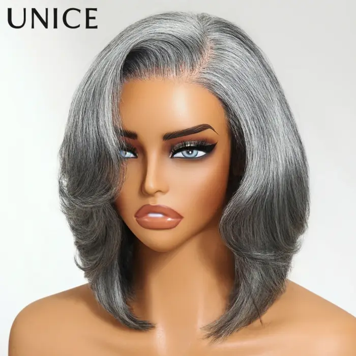 UNICE cheveux couches éclat sel et poivre sans colle perruque de cheveux humains pré-coupé 6.5x1.5 d