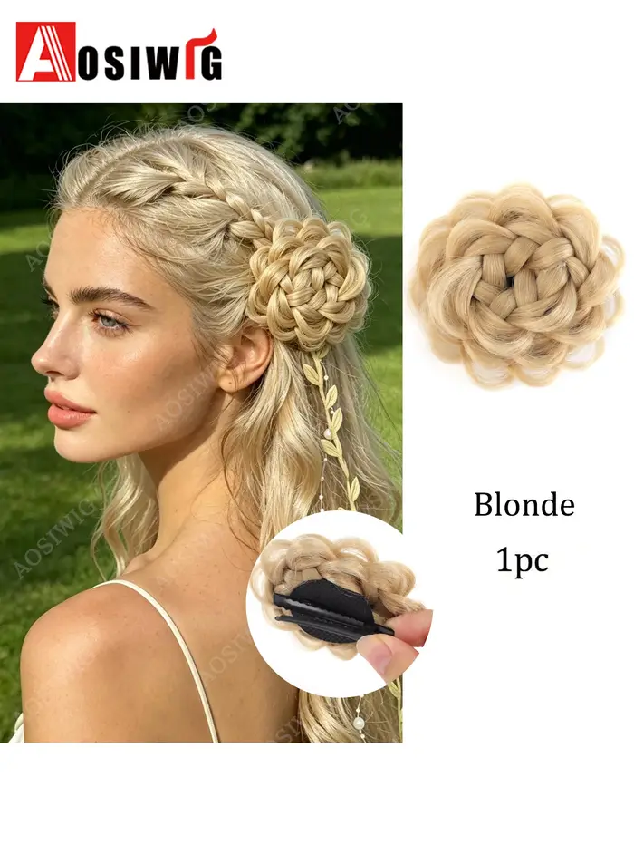 Chignon tressé synthétique blond à clipser en forme de rose, accessoire de coiffure vintage pour fem