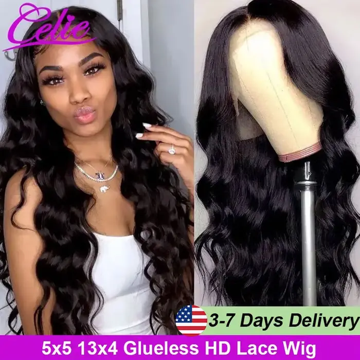 Celie-Perruque Lace Front Wig Body Wave Naturelle, Cheveux Humains, Transparent HD, 5x5, 13x4, Prêt