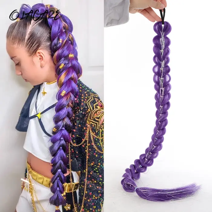 32 pouces tressé violet cheveux queue de cheval avec guirlandes perruque Super Extensions brillant g