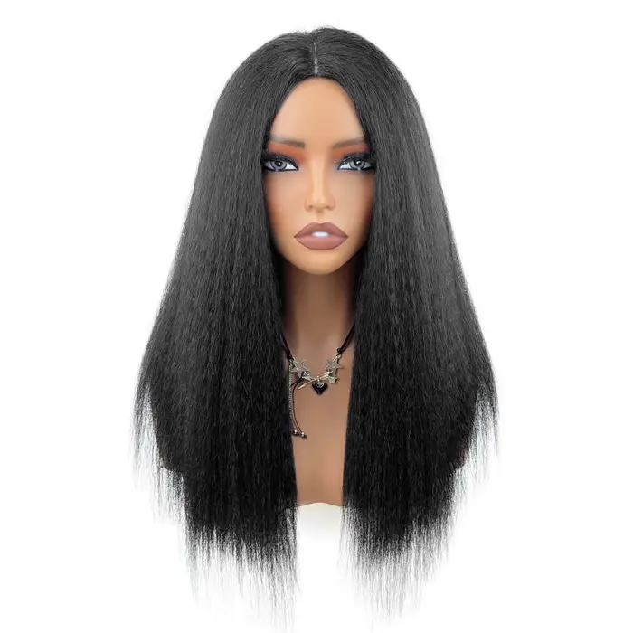 Perruque Yaki noire lisse mi-longue de Style africain pour femmes, perruque synthétique résistante à