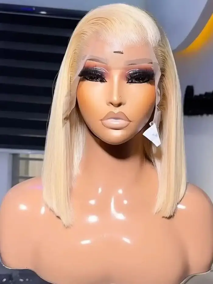 Perruque Bob Lace Frontal Wig courte et lisse, couleur blond miel 613, 13x4, Full HD, pre-plucked, nœuds décolorés, Cosplay, fête quotidienne pour femmes
