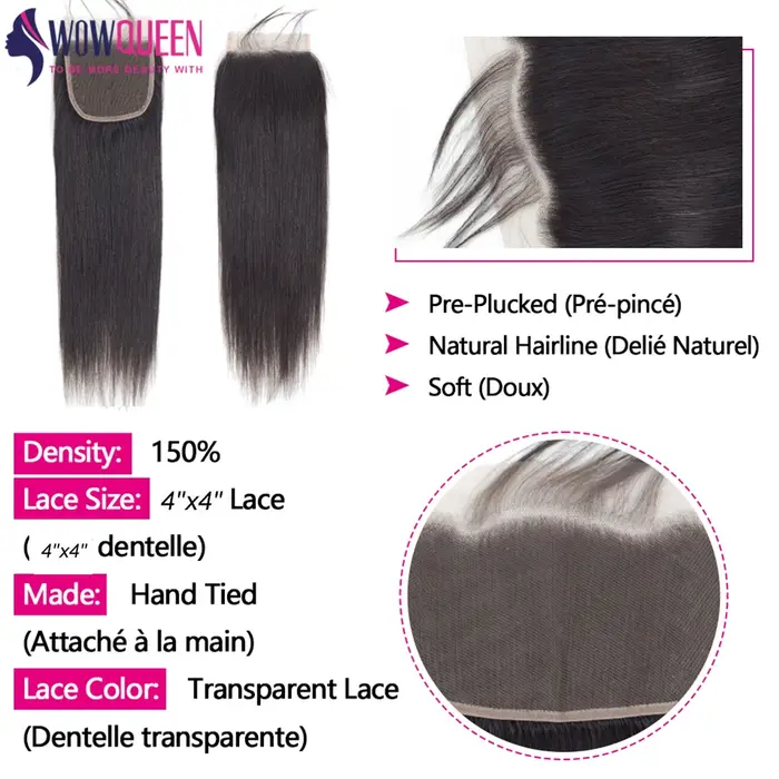Paquets droits de cheveux humains avec fermeture 2x6 4x4 Extensions