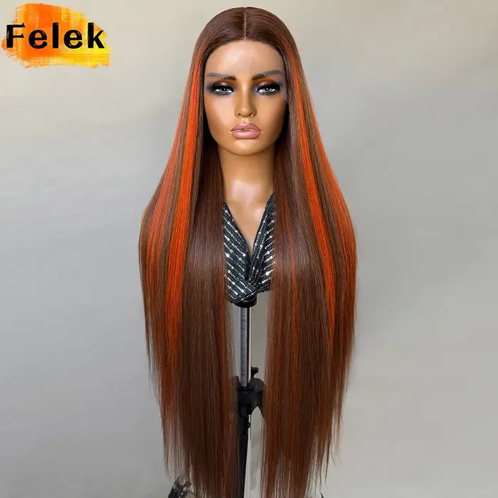 Perruque Lace Front Felek Highlight Super Longue et Droite 40 Pouces Synthétique T-Part 13x4x1 en Fibre Résistante à la Chaleur pour Femmes Tendance