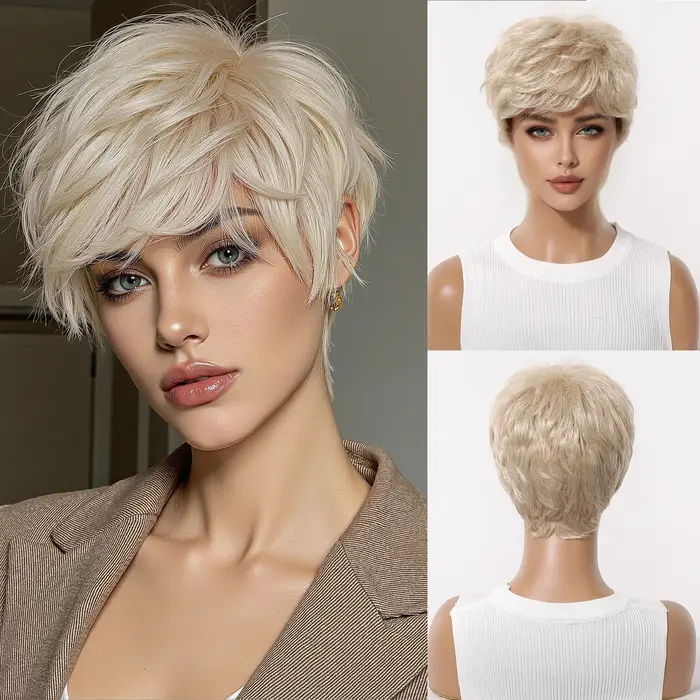 Perruques synthétiques courtes blondes platine pour hommes