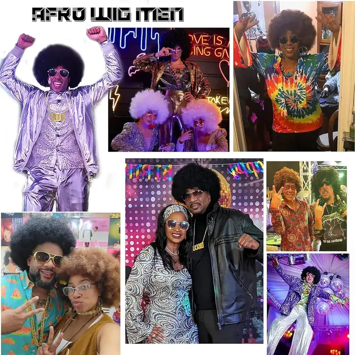 Perruque synthétique style disco rock des années 50 avec lunettes et collier