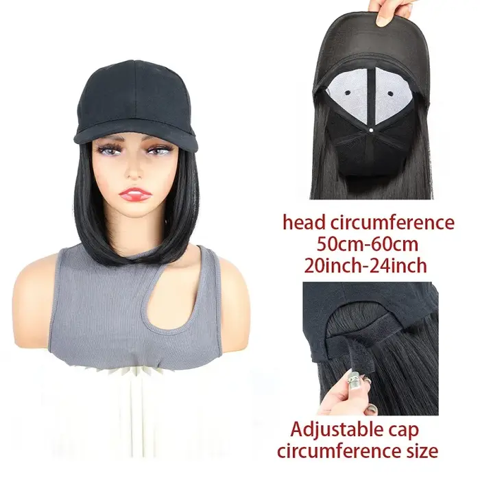 Perruques synthétiques courtes et lisses pour chapeau Bobo, casquette de Baseball, postiche réglable