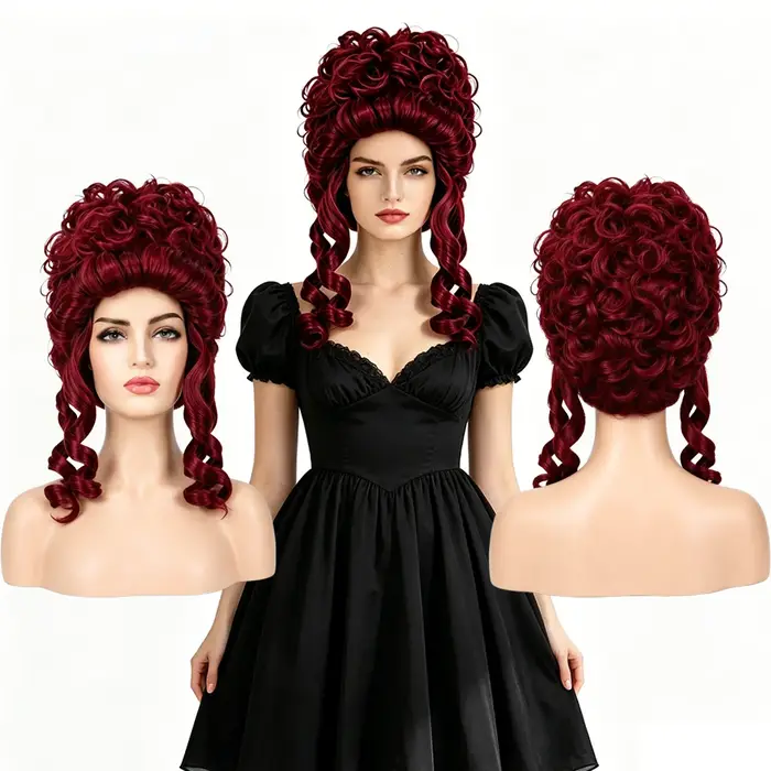 Perruque synthétique vintage Rococo Bourgogne à couronne haute
