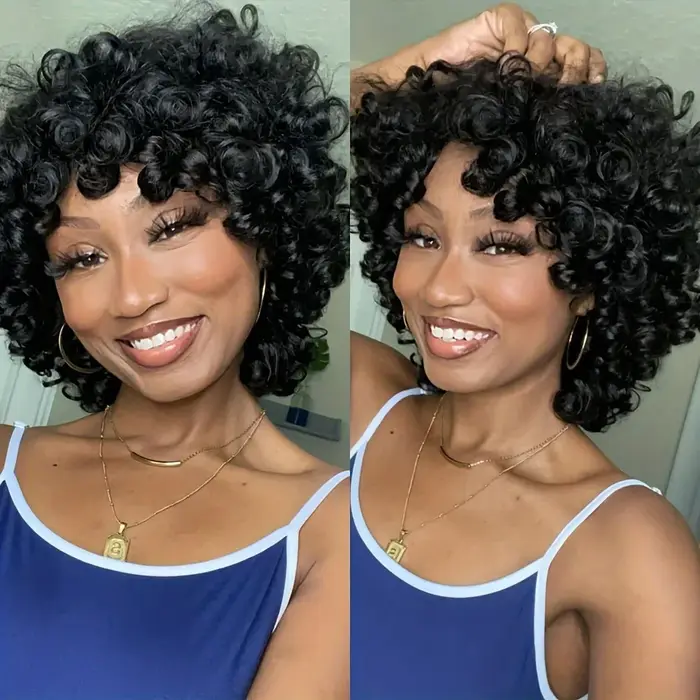 Fumi bouclés perruques de cheveux humains frange perruque coupe lutin Rose