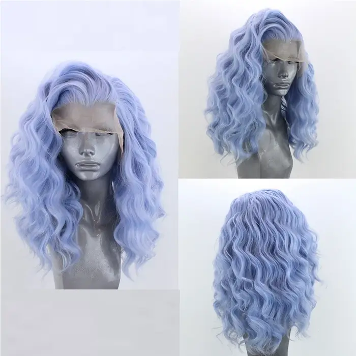Perruque Bob Lace Front Wig synthétique ondulée bleu clair, perruque Bob courte bouclée ample bleu c
