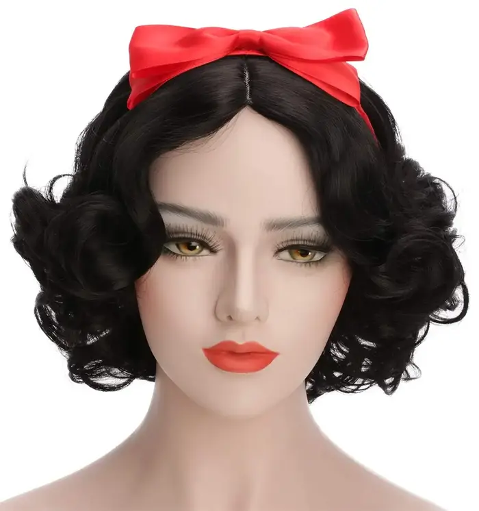 Perruque de princesse blanche-neige pour filles et femmes adultes, perruque Bob courte ondulée noire
