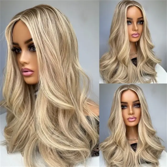 Perruque synthétique 13x4 Ombré Blond Doré Clair avec dentelle HD invisible, longue et ondulée, douc