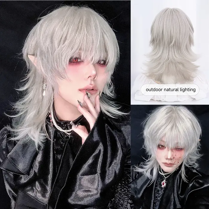 Belle perruque synthétique de couleur blanc argenté de 16 pouces avec frange, cheveux naturels ondul