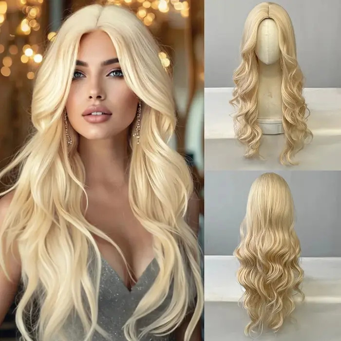 Perruque synthétique noire avec cheveux longs de partie centrale et grandes vagues pour une fête ou un usage quotidien.
