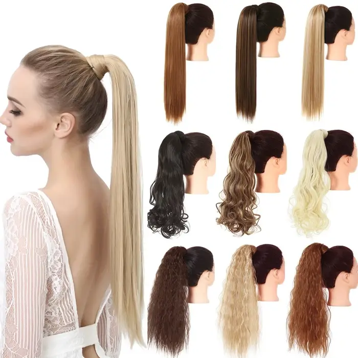 Clip synthétique en queue de cheval Extension de cheveux perruque droite crépus bouclés longue enrouler autour de fausse