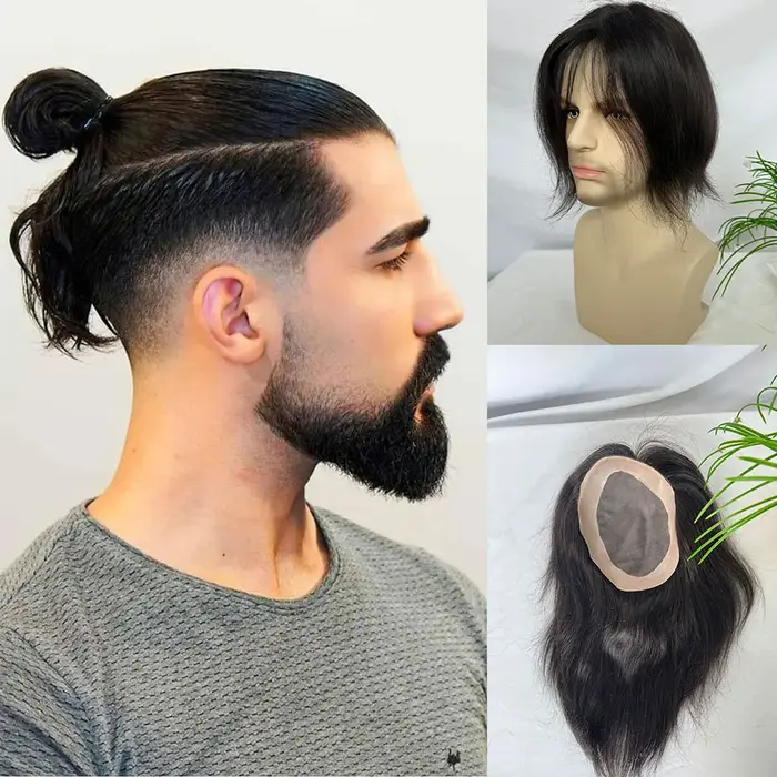 Perruque indienne en cheveux humains pour hommes, lisse, mono lace avec PU 6x8 pouces, couleur natur