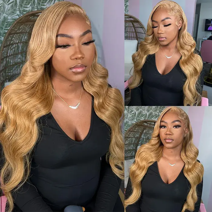 Perruque frontale en dentelle blonde miel 13x6 Body Wave brésilienne # 27 perruques de cheveux humai