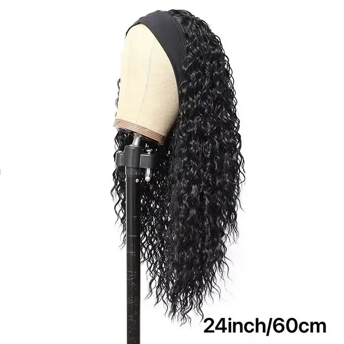 Perruque à bandeau longue de 24 pouces, bouclée et profonde, noire, synthétique, résistante à la chaleur, pour femmes, usage quotidien