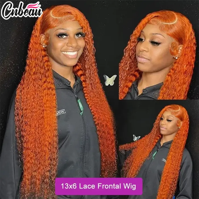 Perruque Lace Front Wig naturelle bouclée Orange gingembre, cheveux humains, 13x4, 13x6, Hd, 36 pouc