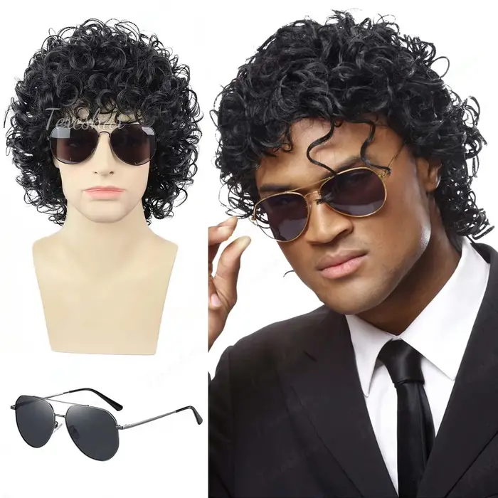 Perruque courte noire bouclée style rocker disco avec lunettes, perruque effet mouillé pour garçons,