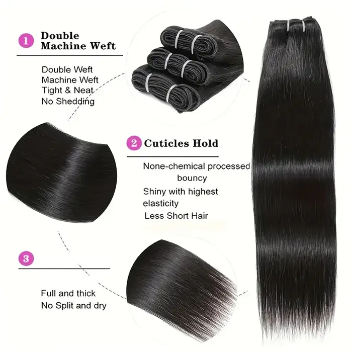 16A Super Double Drawn Tissage Cheveux Humains Lisses Vierge Non Traitée, Qualité Supérieure Extensi