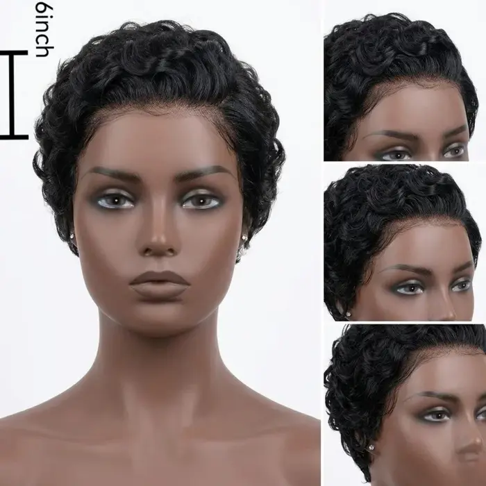 Perruque synthétique noire naturelle coupe pixie