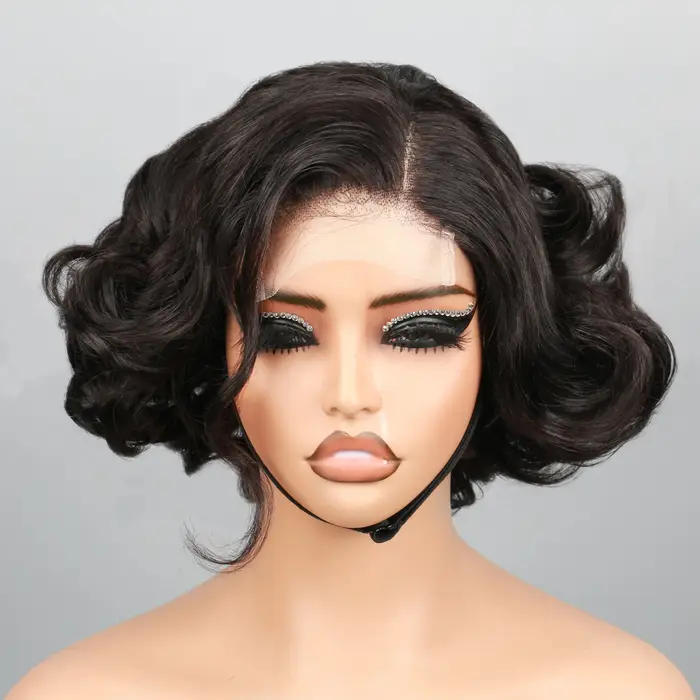 Perruque PixieCut en Cheveux Humains 13x4 Bouclée Rose Courte