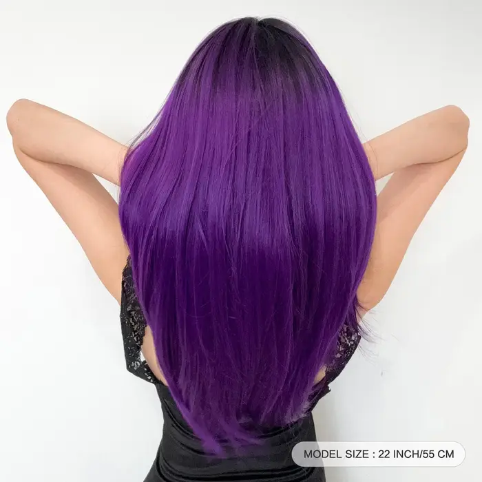 Perruque Synthétique Longue Droite Violet Foncé avec Frange