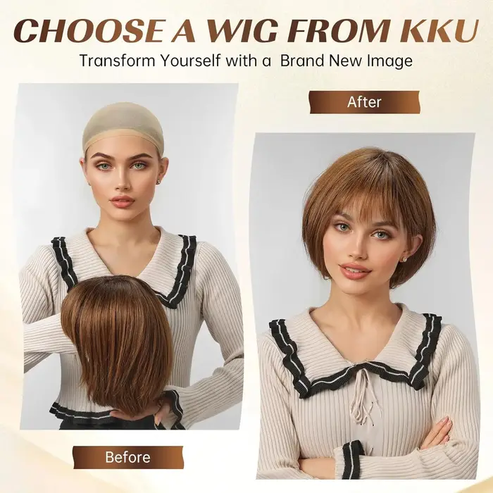 Perruque en cheveux humains bruns mélangés blonds pour femmes avec frange, perruque bob de 10 pouces, cheveux humains bruns lisses naturels et doux, pour les fêtes et le quotidien