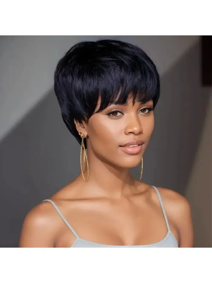 Perruque synthétique courte noire naturelle de style pixie