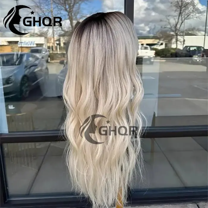 Perruques blond platine cheveux humains vague naturelle 13x4 avant de lacet perruques brun racines f