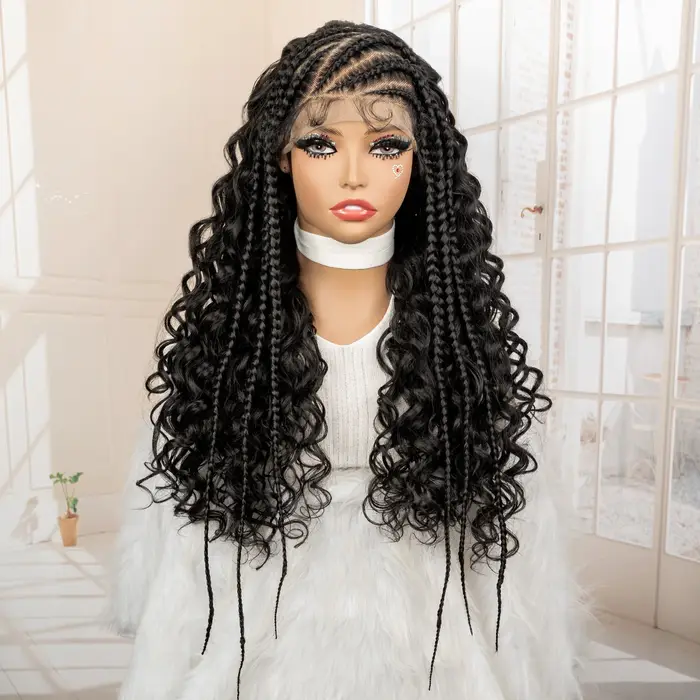 26 pouces synthétique Cornrow tressé perruque 13x6 dentelle frontale bouclés tressage perruque tresses africaines cheveux perruques pour les femmes noires