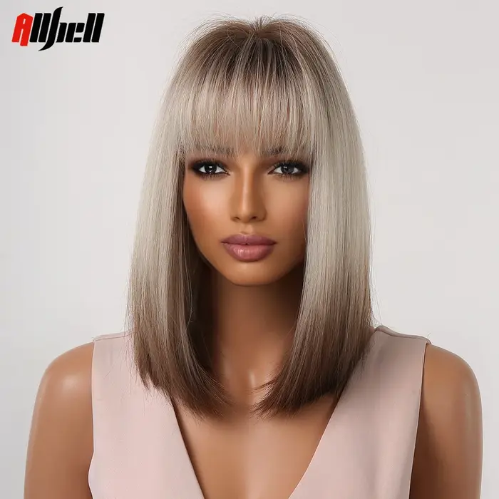 Perruques synthétiques courtes et lisses pour femmes, perruques Bob ombrées blondes à brunes avec frange, faux cheveux résistants à la chaleur pour fête Cosplay quotidienne