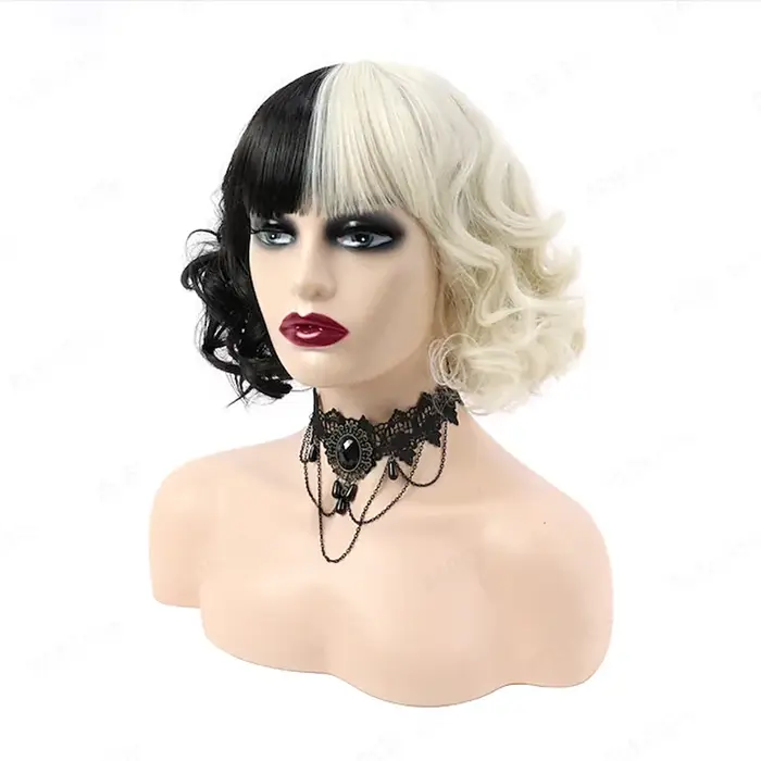 HAIRChain Y-Perruque Synthétique Courbure Noire et Blanche pour Femme, Perruque de Cosplay Courbure