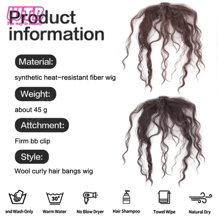 Perruque synthétique WTB à franges crochetées à la main, style clip BB, franges bouclées en laine moelleuse, adaptée au quotidien et aux occasions spéciales pour femmes