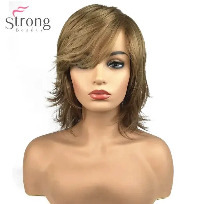 StrongBeauty – perruque synthétique sans capuche pour femmes, cheveux naturels blonds, coupe moyenne