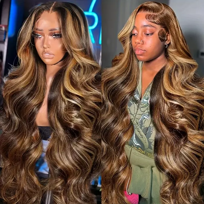 P4/27 mettre en évidence brun vague de corps 13x6 perruque de cheveux humains couleur blond miel 13x