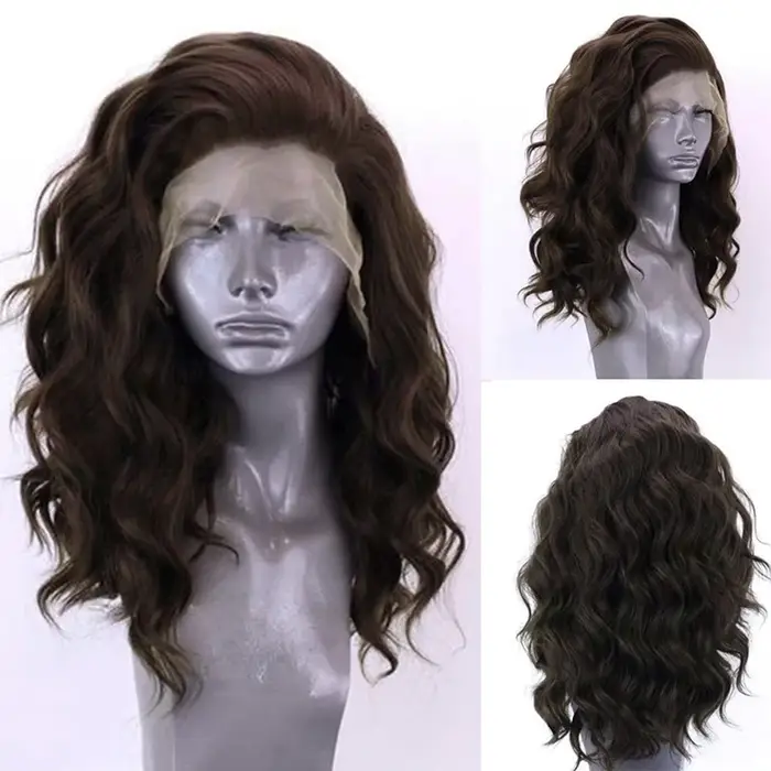AIMEYA – perruque Lace Front wig synthétique ondulée brune