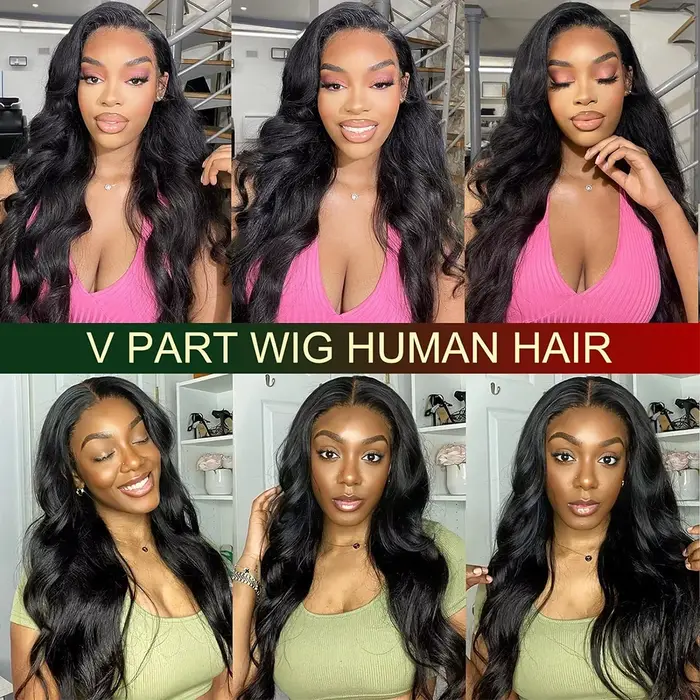 Perruque V Part Body Wave en cheveux humains, version améliorée, sans colle, pour débutantes, à clips, sans besoin de laisser de cheveux apparents, sans colle, sans couture, densité 250%