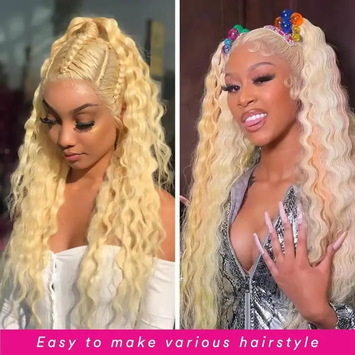 Perruque Cheveux Humains Naturels Blond Platine 613 Ondulés Profonds 13x4 13x6 HD Transparente avec
