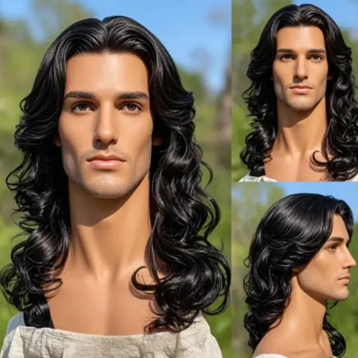 Perruque synthétique bouclée ample noire pour hommes – Look naturel