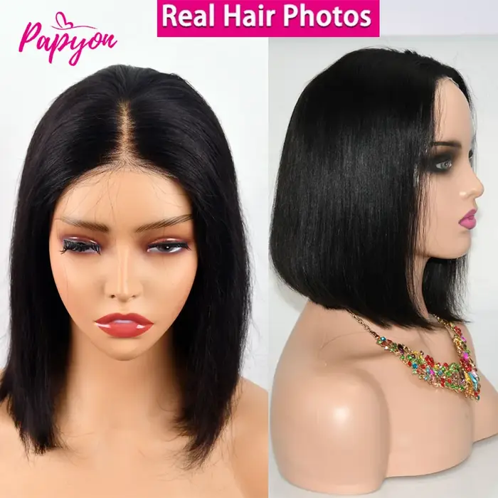 Perruques courtes Bob cordon élastiq Droites Sans Colle Prêtes  Porter Perruques de Cheveux Humains 
