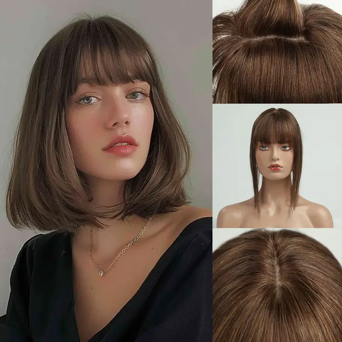 Toppers de cheveux humains avec frange pour femmes, clips de base injBase, extension de cheveux, mar