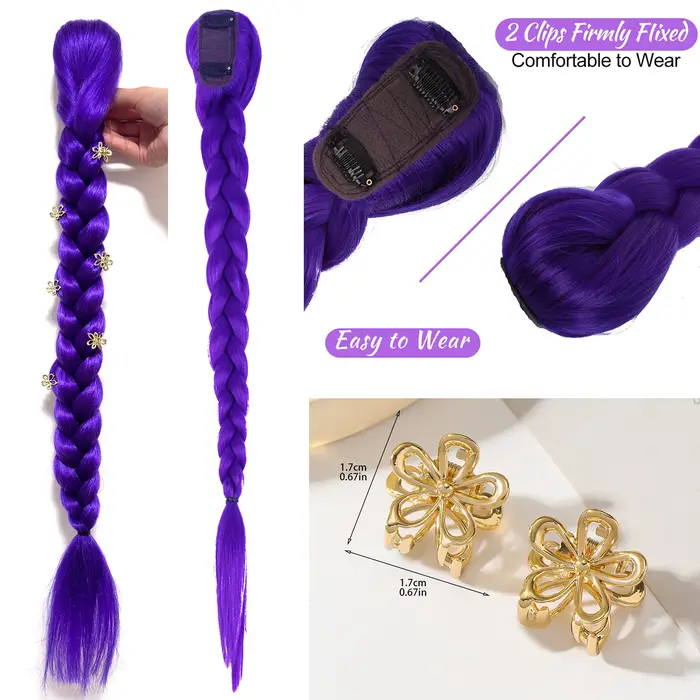 Extension de cheveux synthétiques longue queue de cheval à clipser, tressée violette, pour cosplay,