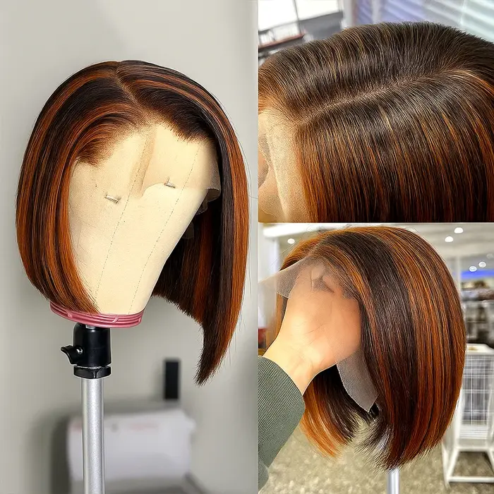 # 4/350 mettre en évidence gingembre brun court Bob perruque cheveux humains droite 13x4 HD Transpar