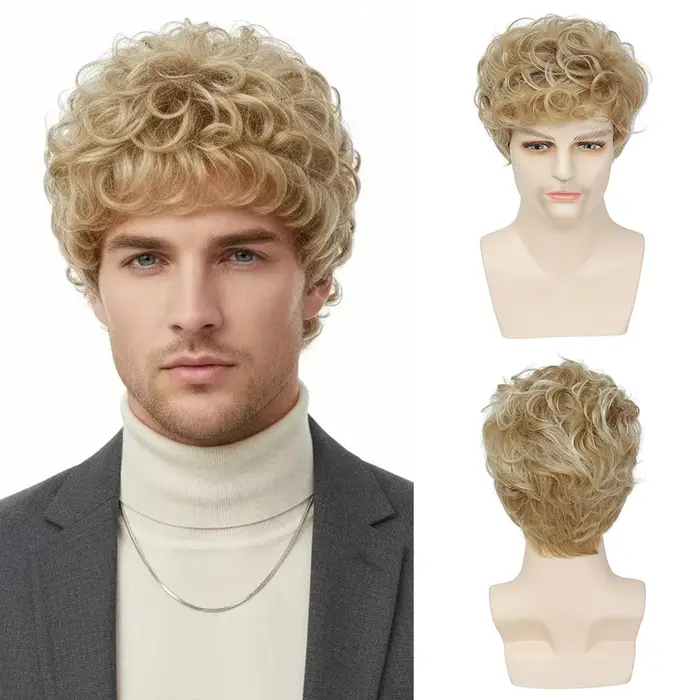 Perruque synthétique courte bouclée Blonde pour hommes