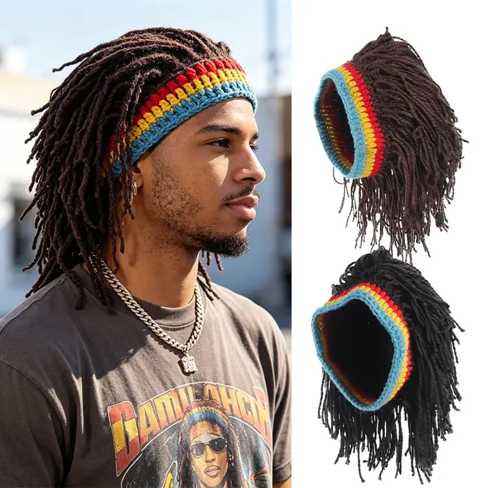 Chapeau perruque dreadlocks en crochet amusant avec bandeau arc-en-ciel