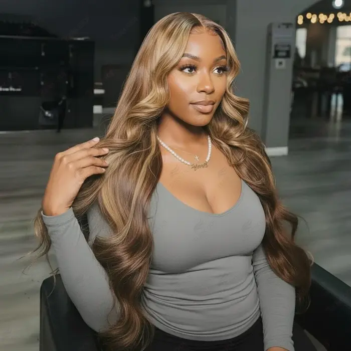 Perruque Lace Frontal Wig Body Wave brésilienne naturelle, cheveux humains à reflets colorés, 13x4,