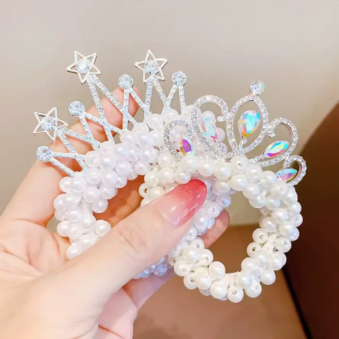 2PC Accessoires de coiffure pour enfants : Bandeaux élastiques en caoutchouc avec couronne de perles