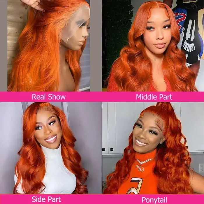 Perruque Lace Front HD 13x6 en Cheveux Humains, Ondulation Body Wave, Couleur Gingembre Orange, Dens